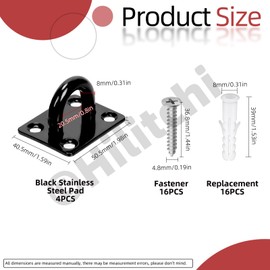 Hilitchi 4PCS M8 Pad Eye Plates Ceiling Hook 304 Stainless Steel Marine Hardware Staple Hook Loop Pad Eye Plate Hooks with Screws and Plastic Anchors for Hanging Basket Planters(Black/Square)