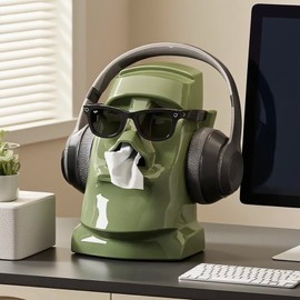 Xuirihusi Moai Tissue Box Holder with Headphone Holder, Suitable for Living Room, Bedroom and Other Desktop Storage Boxes, Green, Light Color, Black（Light Color）