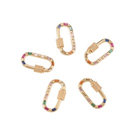 Stiesy 5 Pcs Screw Carabiner Lock Charms with Colorful Micro Pave Cubic Zirconia Brass Real 18K Gold Plated Carabiner Lock Clasps for Necklace Bracelet Jewelry Making