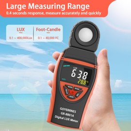 GOYERRNES Illuminance Light Meter, Digital Lux Foot Candles Meter 0.1~400,000 Lux (0.1~40,000 FC) with 270º Rotatable Detector, Lumen Meter Luxmeter for Indoor Outdoor(Multicolor Backlit)
