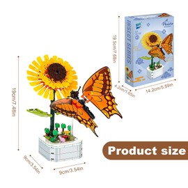 LNSYSNS Flower Clamping Blocks, Sunflower Flower Building Blocks Set, Clamping Blocks Flowers with Plastic Butterfly, DIY Building Toy Sets Bouquet Building Block