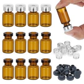 PATIKIL 12pcs 2ml Amber Borosilicate Glass Sample Vials with Aluminum Plastic Cap and Rubber Stopper for Lab Solid Liquid Powder Storage, Matt Silver Tone
