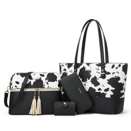 Women Fashion Handbags Wallet Tote Bag Shoulder Bag Top Handle Satchel Cow Print Purse Set 4pcs