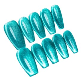 Sun&Beam Nails Handmade Nail Tip, Medium, Long, False Claws, Ballerina, Coffin, False Claws, Plain, Blue, Green, Light Blue, Cat Eye, Magnet, Popular, Stylish, Cute, Pack of 10 (#84 S)