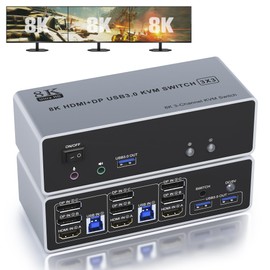 KVM Switch 3 Monitors 2 Computers 8K@60Hz 4K@144Hz HDMI and 2 Displayport Triple Monitor KVM Switch for 2 Computer Share 3 Monitor, Audio Mic Port and 3 USB 3.0 Devices Support Extended and Copy Mode