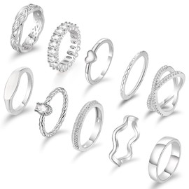 Staligue Gold Rings for Women Non Tarnish 10 PCS Dainty 14k Gold/Silver Plated Stacking Rings Set Heart CZ Thumb Statement Wedding Band Rings Size 5 6 7 8 9 10 11 (SIlver Tone, 10)