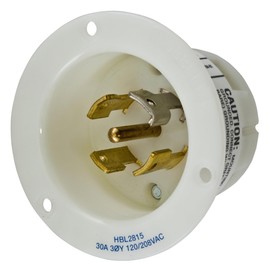 Locking Devices, Twist-Lock, Industrial, Flanged Inlet, 30A 3-Phase Wye 120/208V AC, 4-Pole 5-Wire Grounding, L21-30P, Screw Terminal, White