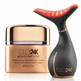 GLO24K UNLEASH THE POWER OF GOLD Masajeador De Belleza Led Glo24K Para Cuello Y Rostro Con Crema Hidratante De Día 24K El Dúo Definitivo Para El Cuidado Del Cuello