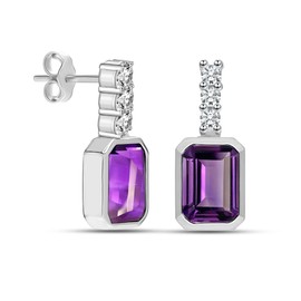 LeCalla 925 Sterling Silver Rhodium Plated Birthstone Drop Earrings 0.04 Carat Lab Grown Diamond and Amethyst Gemstone Small Drop Stud Earrings for Women Teen 17 MM