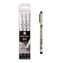 SAKURA Gelly Roll White, Bright White Pens in Case, Mix Size 05.08.10 Pigma Micron Black 05