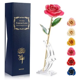 Rosas Reales de Regalo, Borde Chapado en Oro de 24 Quilates con Soporte para Rosas, clásico y Especial para Ella en Navidad, San Valentín, Día de la M