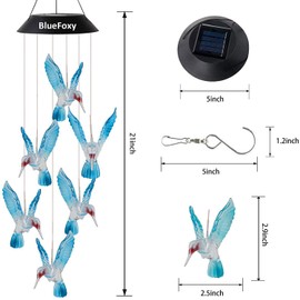 Edearkar Outdoor Solar Wind Chime Light, 6 LEDs Blue Hummingbird Bell Waterproof Decoration Light for Garden Walkway Patio Yard Outdoor Hanging Solar Colorful Wind Chimes Lights, 1 Pack