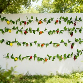 LOONELO Sukkot Artificial Fruit Vine Garland, 4 Pcs Fake Lemon Apple Grape Pomegranate Orange Silk Hanging Decoration with Green Leaves 7.5ft, Sukkah Holiday Front Door Wall Decor for Jewish Festival
