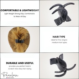 Parcelona French 3 Teeth Black Celluoid Acetate Set of 2 Fish Style Ponytail Holder Strong Grip Jaw Hair Claw Clip Clamps for Women