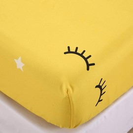 Feelyou Cartoon Eyelash Stars Bed Sheet Set King Size Girls Boys Decorative Yellow Reversible Bedding Set for Kids Adults Fitted Sheet Microfiber Polyester Bed Cover with 2 Pillow Case
