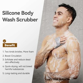 Silicone Body Scrubber in Shower for Men - with Enhanced Lather Bristles and Ergonomic Anti-Slippery Handle for Deeply Cleaning, Gray