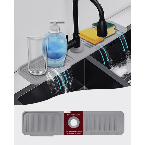 5°slope kitchen sink splash guard-gray silicone faucet mat handle drip