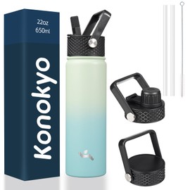 Konokyo 22oz Stainless Steel Bottles with 3 Lids Sport Insulated Water Bottle,Mint