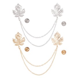 GOMAKERER Pack of 2 Brooches Lapel Pin, Mixed Colour Double Maple Leaf Brooch Pin Hanging Chain Detailing Brooch Tassel Blouse Shirt Collar Lace Pin for Women and Men, Metal