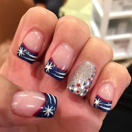 4th of July Press on Nails Medium Square Fake Nail USA Independence Day False Nails with Star Stripe Designs Blue French Tip Glue on Nail Acrylic Patriotic Artificial Nail for Women 24 Pcs