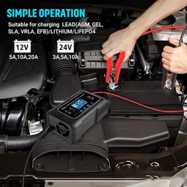 Battery Charger 0-20A 12V and 24V Lithium, LiFePo4, Lead Acid (AGM/Gel/SLA), Smart Car Battery Charger and Maintainer, Trickle Charger with Pulse Repair for Car, Boat, Marine, deep Cycle