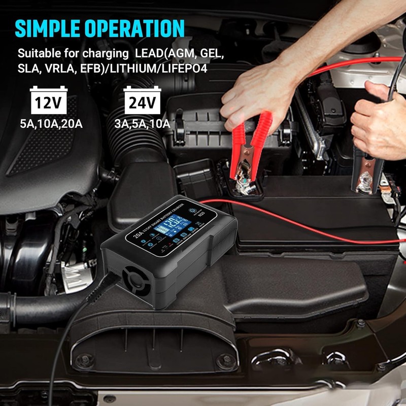 Battery Charger 0-20A 12V and 24V Lithium, LiFePo4, Lead Acid