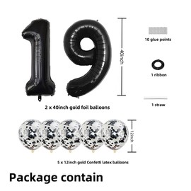 Black 19 Foil Balloons 40" Jumbo Foil Balloons Confetti Balloons for 19th Birthday Wedding Anniversary Party Decorations