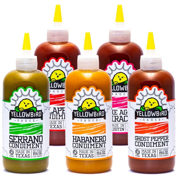 Yellowbird Classic Hot Sauce Variety Set - Contains Habanero, Ghost Pepper, Jalapeno, Sriracha, and Serrano Hot Sauce - Gluten-Free, Vegan Variety Pack, 19.6oz (5 Pack)