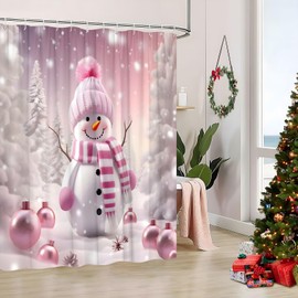 SATRTUD Christmas Snowman Shower Curtain Winter Pink Snowman Dreamy Snow Forest Pine Tree Xmas Balls Snowflake Farmhouse Cartoon Boys Girls Happy New Year Polyester Fabric Bathroom Curtain with Hooks
