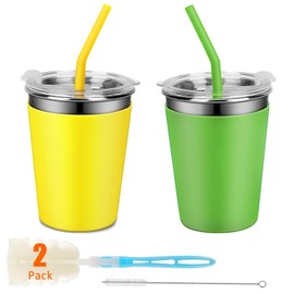 Rommeka Kids Drinking Cups, Durable Stainless Steel Tumbler Cups with Lids and Silicone Straws, Easy-Grip Sleeves, Set of 2 Spill Proof Cups for Kids (Green & Yellow)