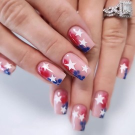 FIEONCIY Independence Day Press on Nails Square Shaped Acrylic Medium Length False Nails with Patriotic Designs Artificial Flag Square Fake Nails July 4th Glue on Fingernails for Women Girls（JB735）