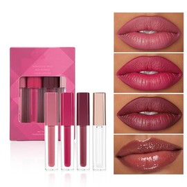 Set de Labiales Líquidos 4 Piezas con Acabado Brillante, Perlado, Fácil de Aplicar, Larga Duración, Impermeables y que No Manchan Vasos, Kit de Maquillaje Diario (A)