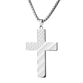 Stainless Steel Silver Cross Necklace for Men 18K Real White Gold Plated American Flag Pendant Chain Bible Verse Inspirational Necklaces 18 Inch