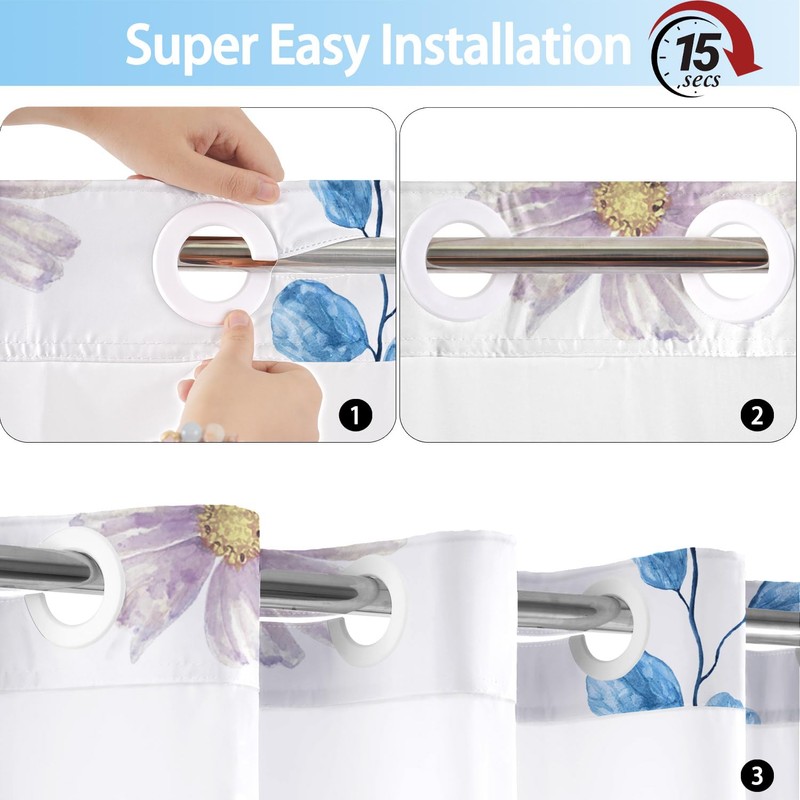 No Hook Shower Curtain and Liner Set, Blue Floral 71x77