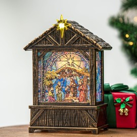 Christmas Snow Globe Lantern Indoor Decor,Christmas Nativity Scenes Manger for Xmas with Music,6H Timer,USB or Battery Operated Lighted Lantern for Christmas Festival Decoration Gifts