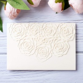 Rodvanvo 20 Pcs Laser Cut Wedding Invitations Card Pocket with Envelope for Birthday Party Baby or Bride Shower Invite suitable for 5 * 7 Inches Insert Paper (Ivory)