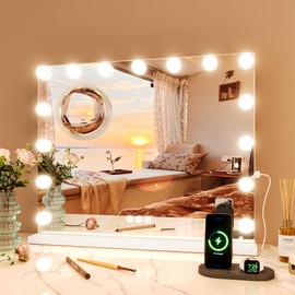 Professional Vanity Mirror with 15 Dimmable LED Bulbs, Tabletop Makeup Mirror with 3 Lighting Modes and 3x Magnification, Smart Touch Controls, Dressing Rooms&Bedrooms, Tabletop or Wall Mount, White