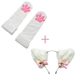 ZTVOWTO Cute Cat Paw Pad Thigh High Cosplay Socks With Pink 3D Kitten Claw Mittens Long Fingerless Gloves for Girls Women(White-2)