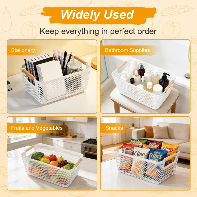 SHAIDOJIO 6 Pack Plastic Mesh Baskets with Wooden Handles, White