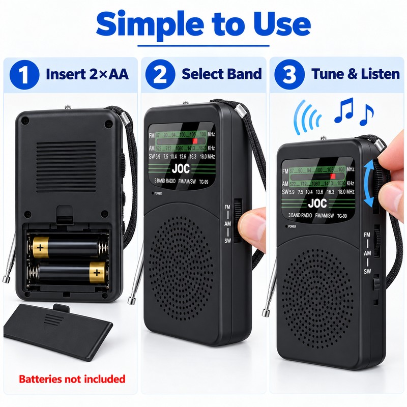 Portable AM/FM/SW Pocket Radio with LED Flashlight, 3.5mm Headphone Jack