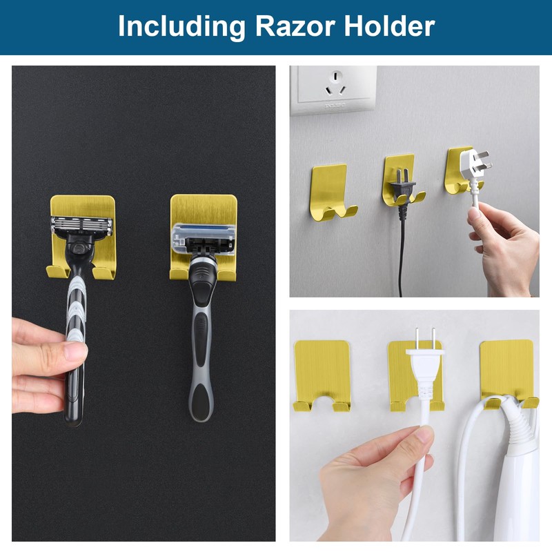 Razor Holder for Shower + Adhesive Wall Hooks, Premium 304
