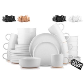 Zulay Kitchen Terra Stoneware 32-Piece Dinnerware Set, Artisanal Ceramic Plates and Bowls Set Crafted at 2300℉ - Service for 8, Speckled White