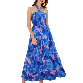 Summer Dresses for Women 2024 Halter Neck Backless Flowy Floral Maxi Dress M Blue Pink
