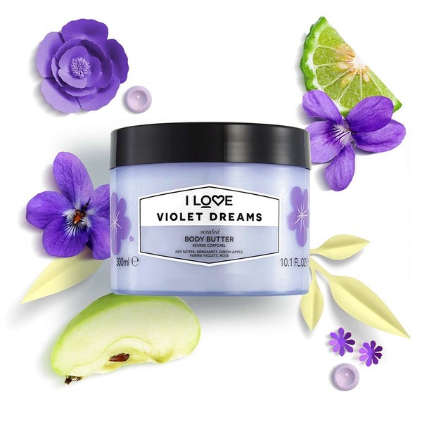 I Love Violet Dreams Scented Body Butter, Packed with Shea Butter & Coconut Oil to Regenerate & Nourish the Skin, 85% Naturally Derived Ingredients, Vegan-Friendly - 300 ml