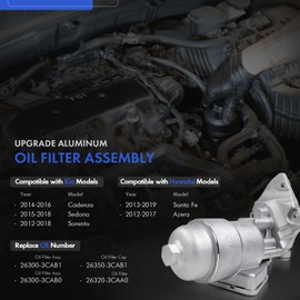 26300-3CAB1 Upgrade Aluminum Oil Filter Complete Assembly Kit Fit for Santa Fe 2013-2019 Azera 2012-2017 For Kia Cadenza 2014-2016 Sedona 2015-2018 Sorento 2012-2018 Replace# 26300-3CAB0, 26320-3CAA0