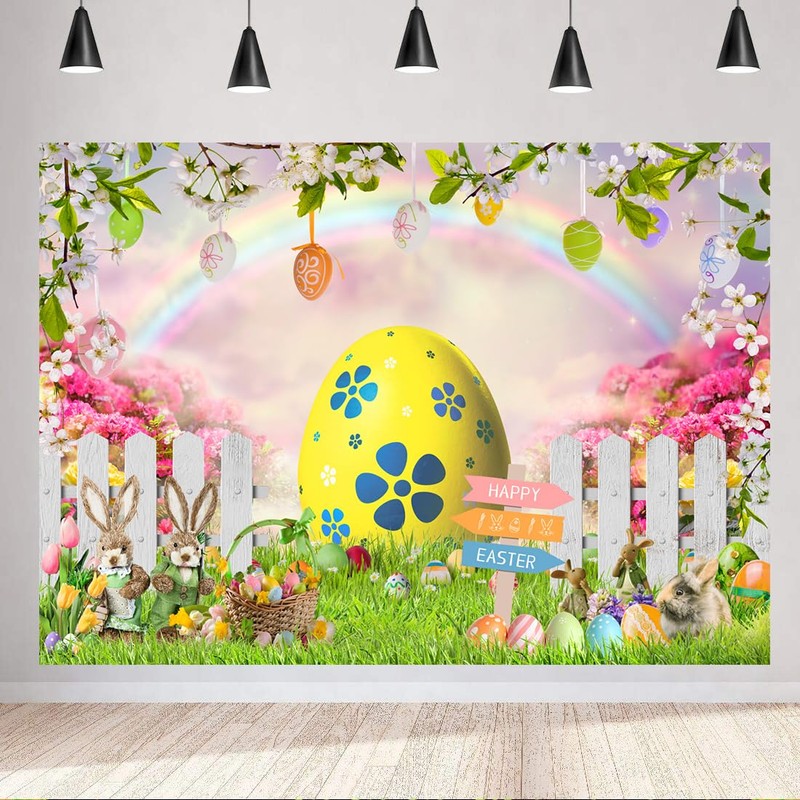 LYCGS 10x8ft Happy Easter Backdrop Easter Colorful Eggs Rabbit Flowers