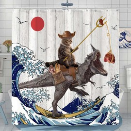 Fowocu Funny Cat Dinosaur Shower Curtain Fun Cool Cat Japanese Ocean Wave Waterproof Fabric Shower Curtains for Bathroom Kids Rustic Wood Farmhouse Bath Curtain Decor (72''×72'', Brown)