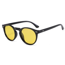 Long Keeper Retro Round Polarised Sunglasses Mens Womens Small Circle Sunglasses Classic Vintage Shades Unisex UV400 Protection Round Sun Glasses (Black Frame Yellow Lens)