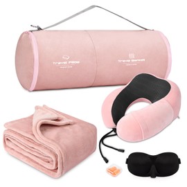 urnexttour Travel Pillow and Blanket Set Neck Pillows Travel Essentials with Sleep Mask for Airplane Car Memory Foam Pink