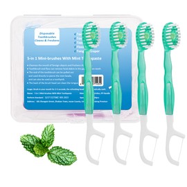 Malisseladi 5 in 1 Mini Brushes-Disposable Toothbrushes with Toothpaste + Floss + Pick + Tongue Scraper | Travel Size | Individually Wrapped | Soft | Mint | Travel Set (Green Tea, 10pcs)